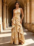 One-Shoulder Gold Floral Brocade Cascading Mother of Bride Dress