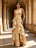 One-Shoulder Gold Floral Brocade Cascading Mother of Bride Dress