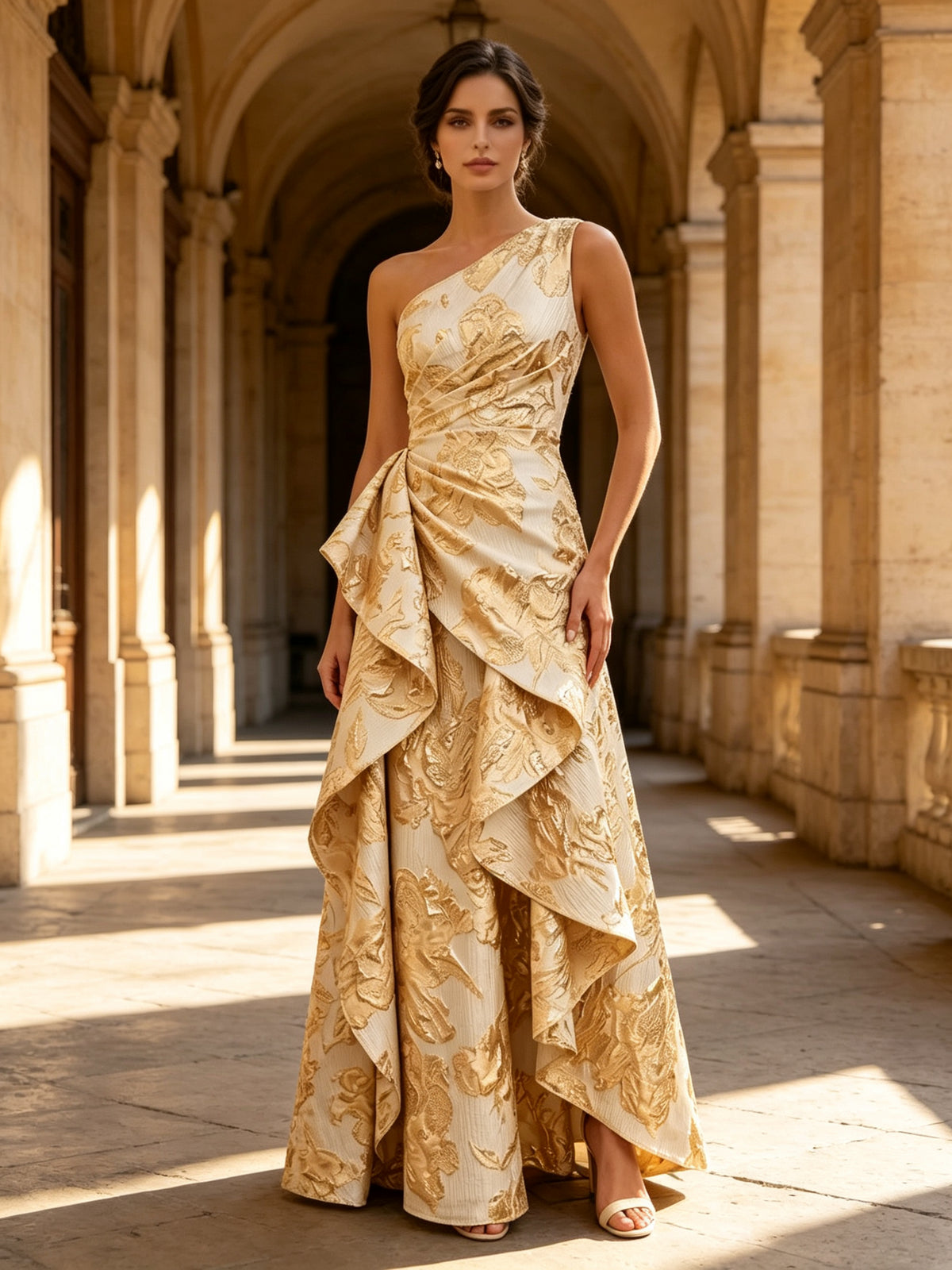 One-Shoulder Gold Floral Brocade Cascading Mother of Bride Dress