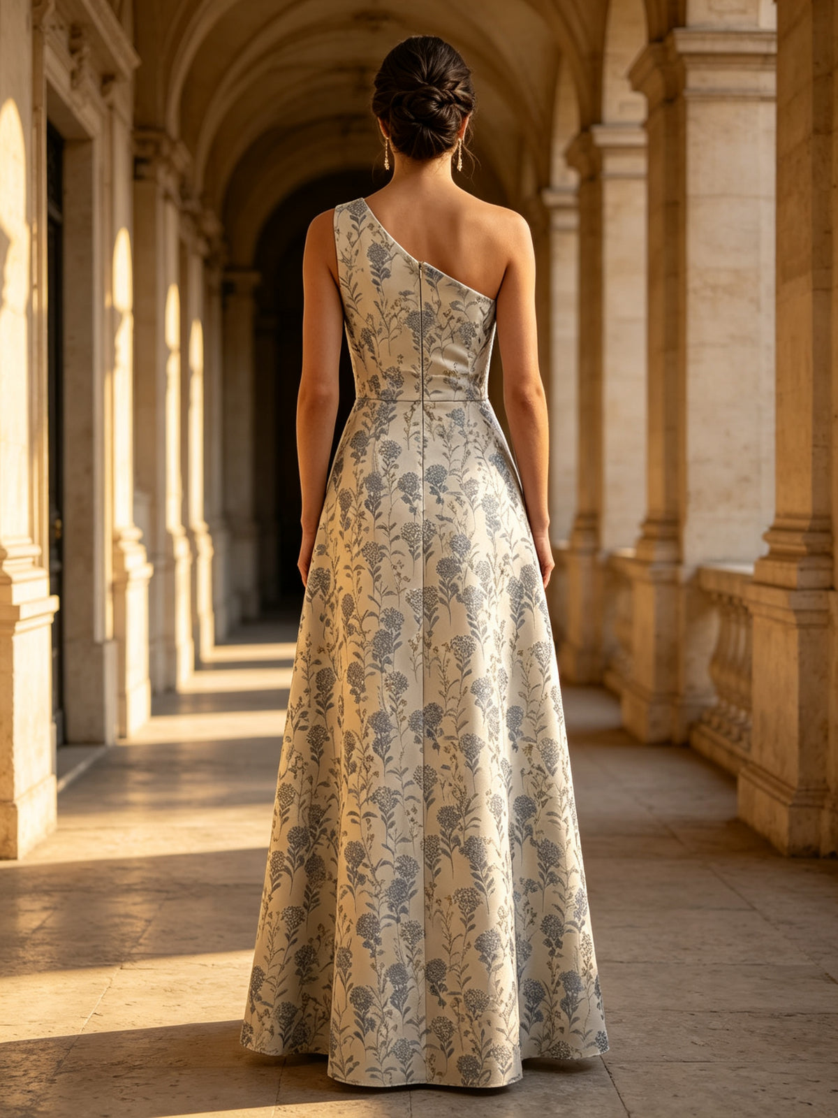 One-Shoulder Floral Brocade Cascading Mother of Bride Dress