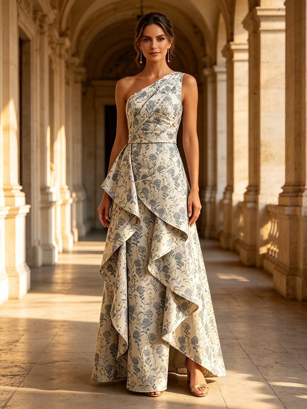 One-Shoulder Floral Brocade Cascading Mother of Bride Dress