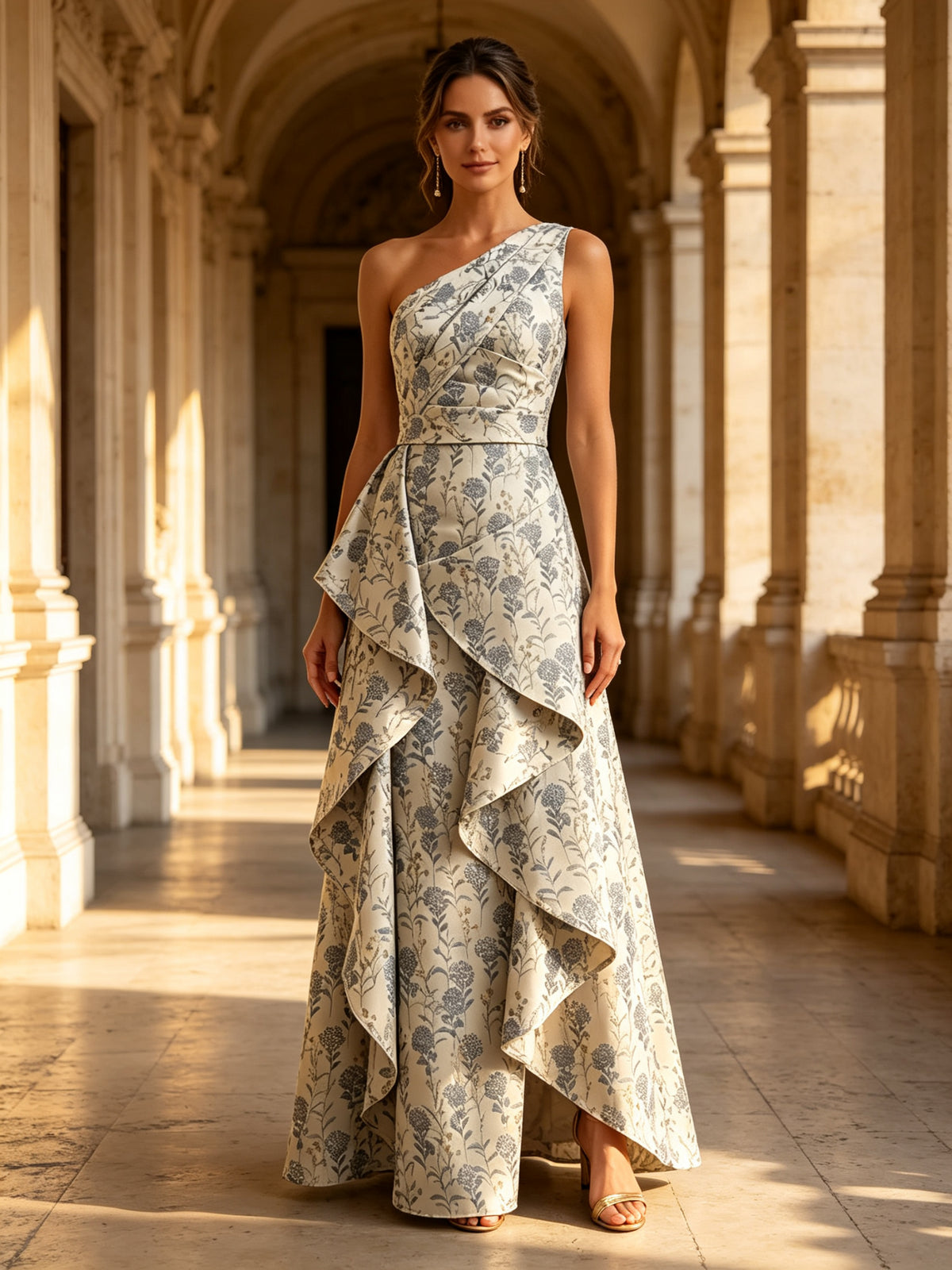 One-Shoulder Floral Brocade Cascading Mother of Bride Dress