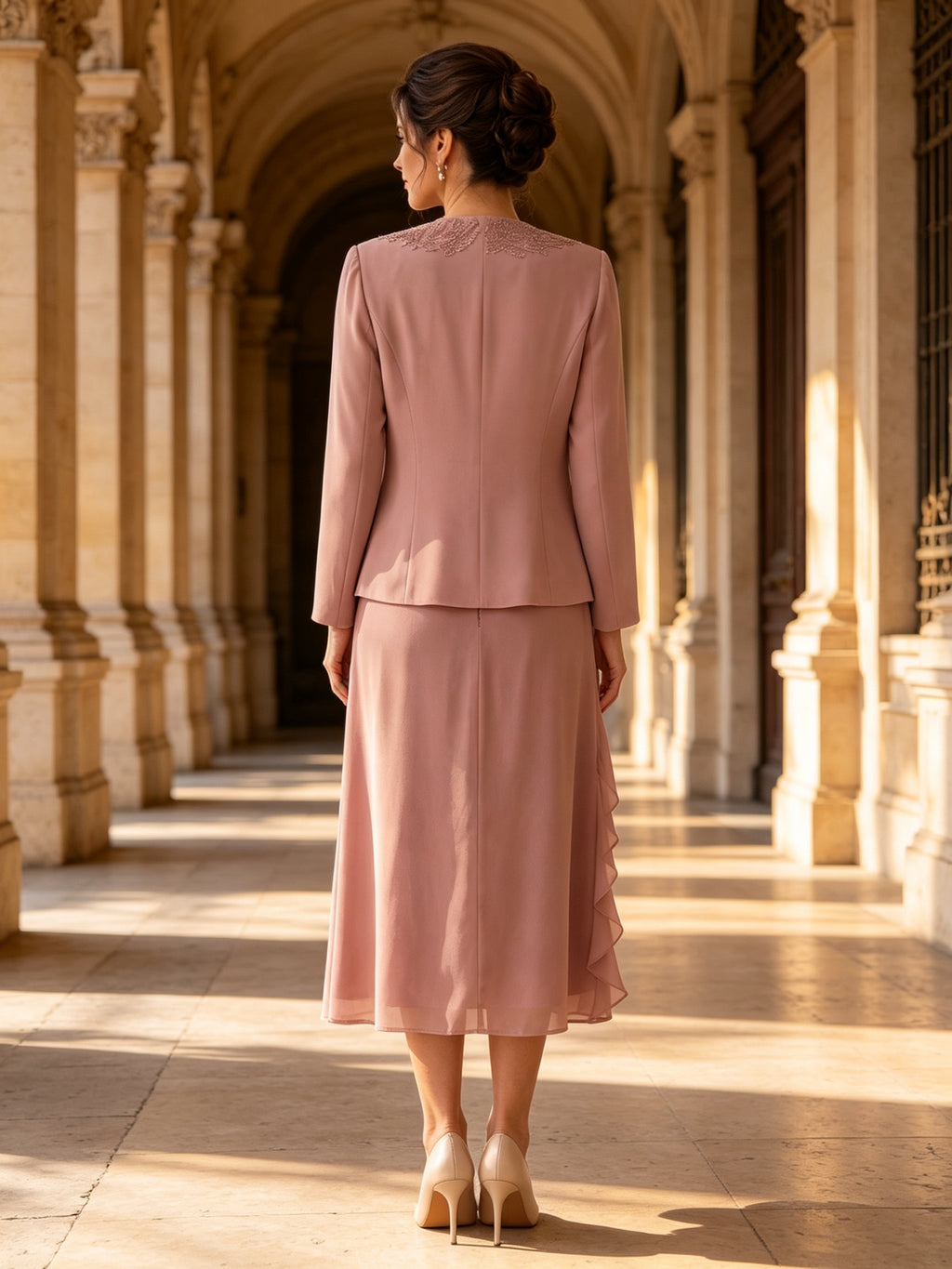 Pink Long Sleeve Brocade Cascading Mother of Bride Dress