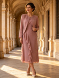 Pink Long Sleeve Brocade Cascading Mother of Bride Dress