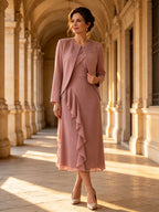 Pink Long Sleeve Brocade Cascading Mother of Bride Dress