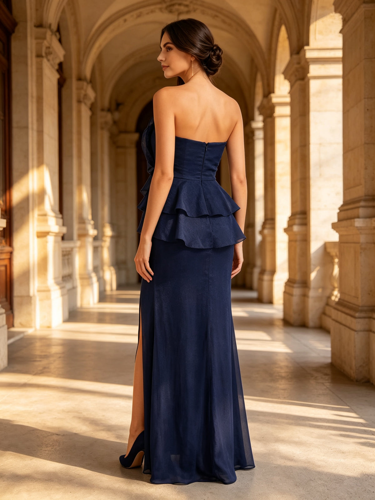 Strapless Peplum Rose Accent High-Slit Navy Evening Dress