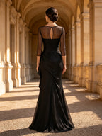 Sheer Illusion Sleeve Ruffled Cascade Evening Dress