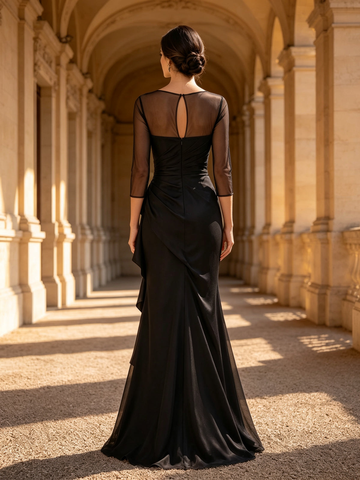 Sheer Illusion Sleeve Ruffled Cascade Evening Dress