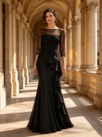 Sheer Illusion Sleeve Ruffled Cascade Evening Dress
