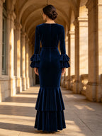 Long-Sleeve Tiered Ruffle Velvet Mermaid Evening Dress