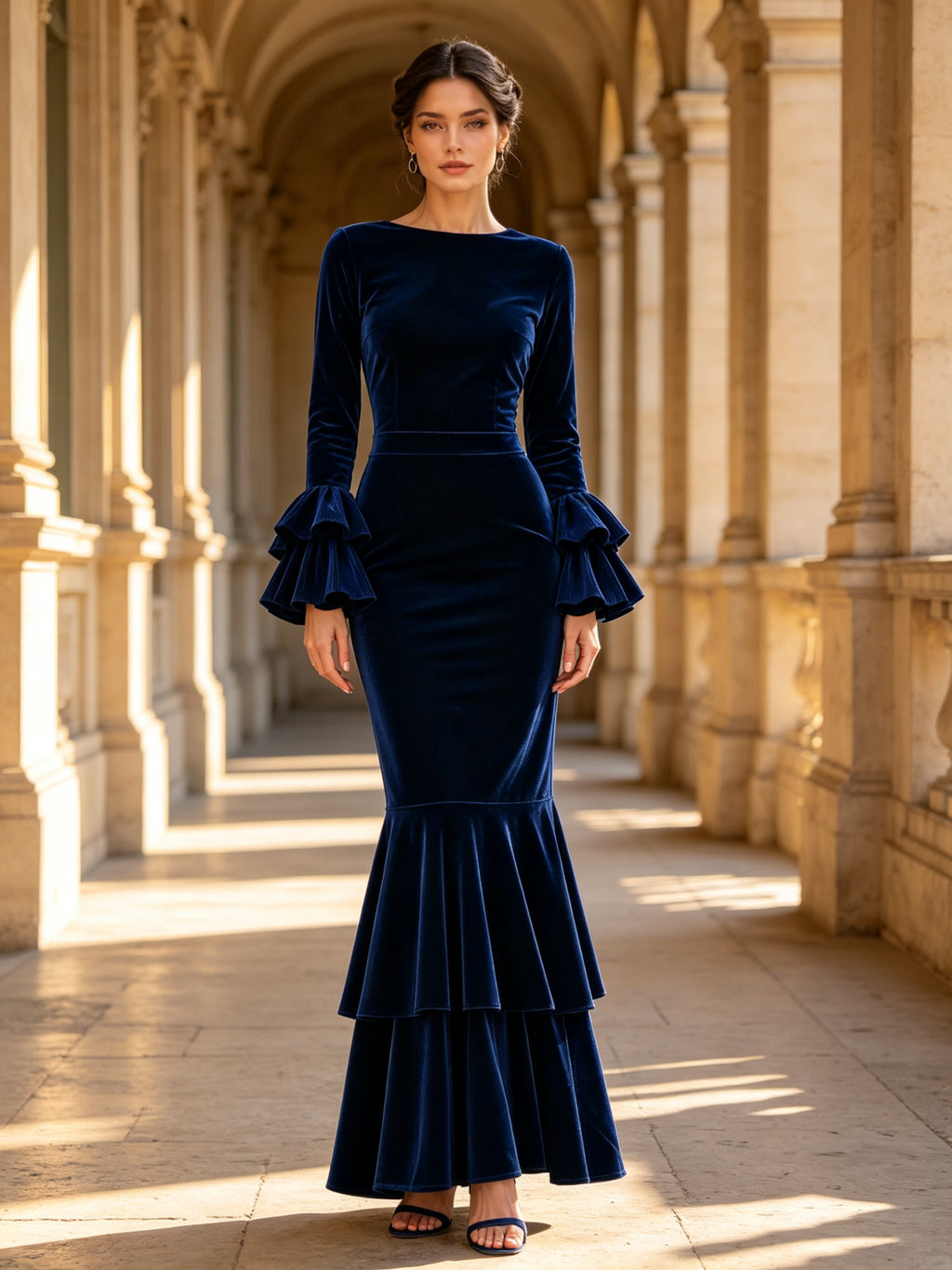 Long-Sleeve Tiered Ruffle Velvet Mermaid Evening Dress