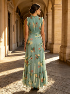 Ruffled V-Neck Floral Print High-Low Evening Dress