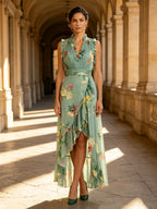Ruffled V-Neck Floral Print High-Low Evening Dress