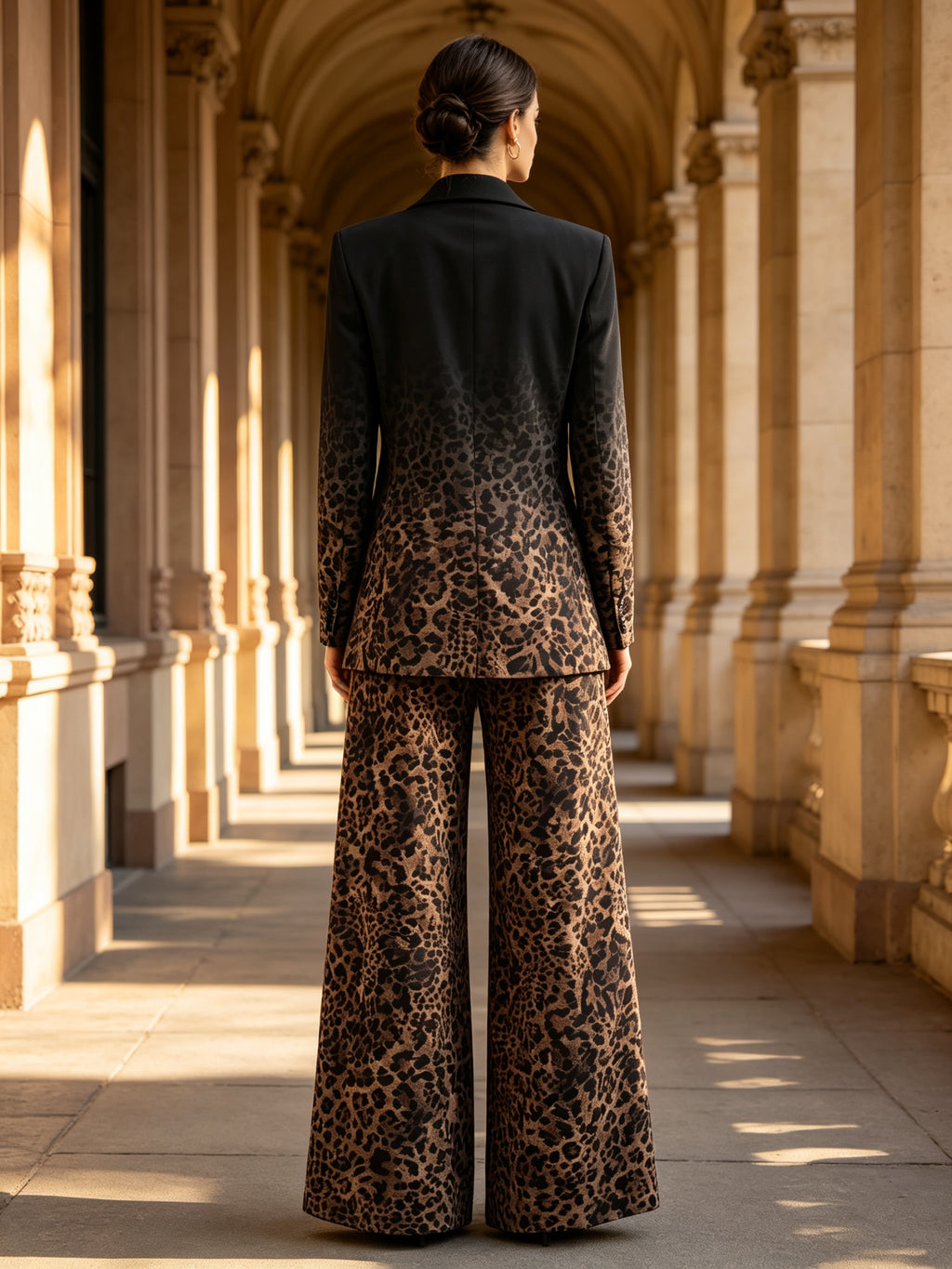 Gradient Leopard Print Blazer Wide-Leg Pants Set