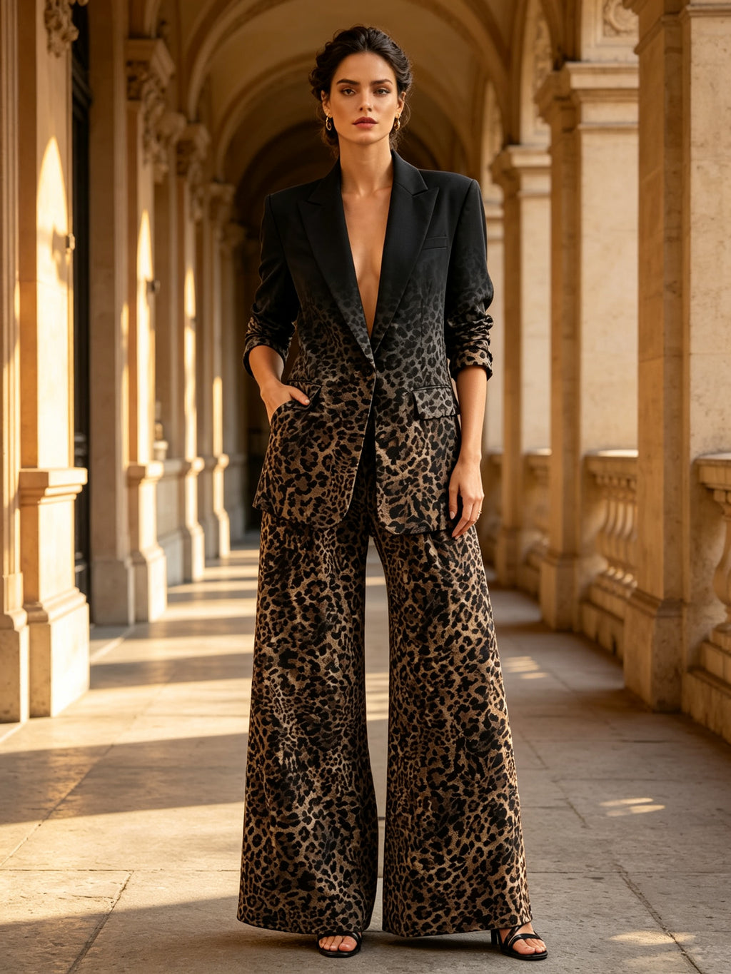 Gradient Leopard Print Blazer Wide-Leg Pants Set