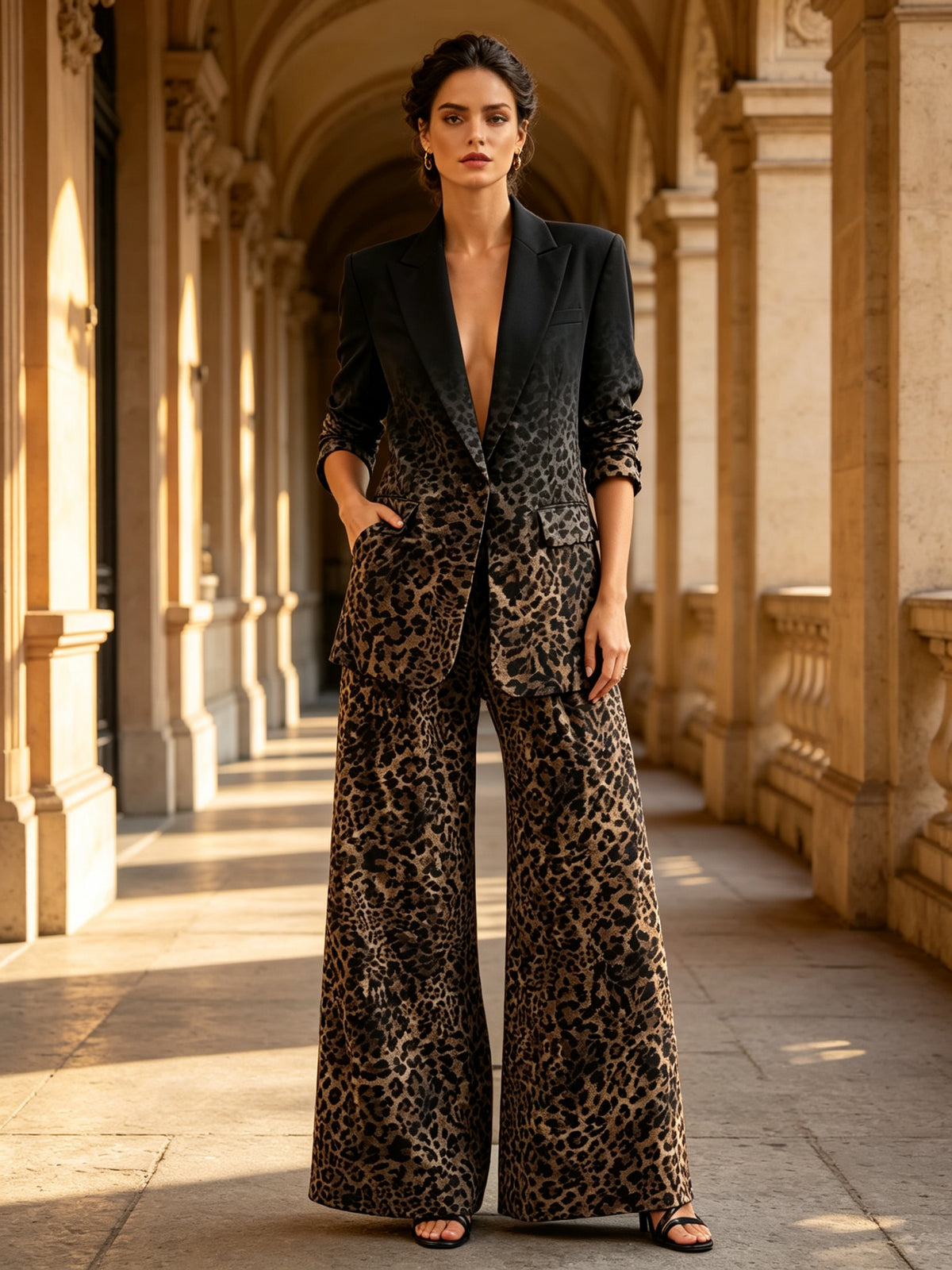 Gradient Leopard Print Blazer Wide-Leg Pants Set
