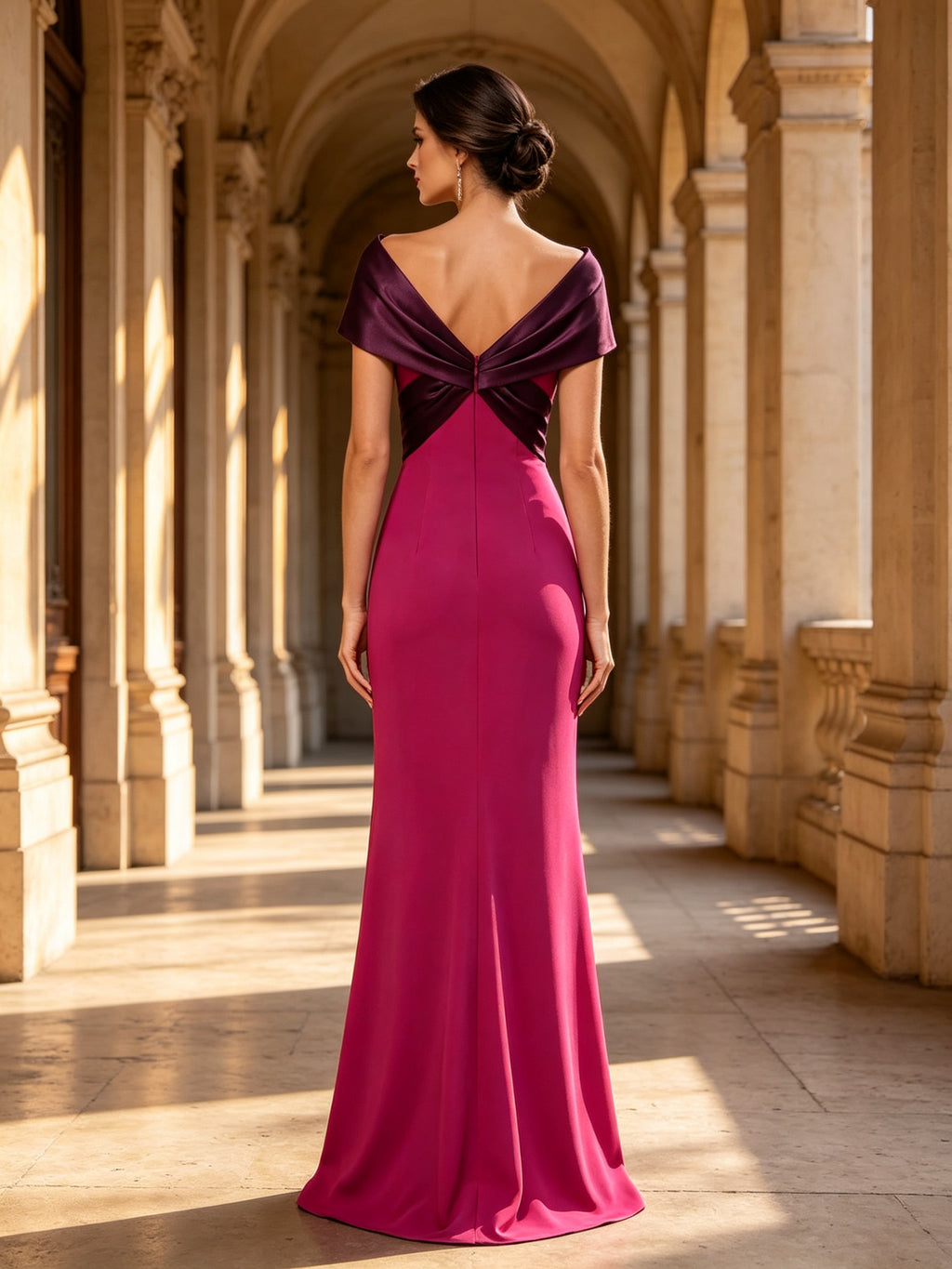Off-The-Shoulder Draped Knot Magenta Evening Dress