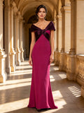 Off-The-Shoulder Draped Knot Magenta Evening Dress