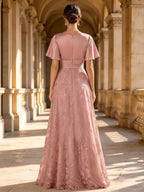 Bateau Neck Butterfly Sleeve Lace Embroidered A-Line Mother of The Bride Dresses