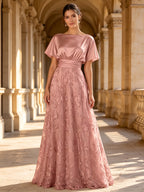 Bateau Neck Butterfly Sleeve Lace Embroidered A-Line Mother of The Bride Dresses