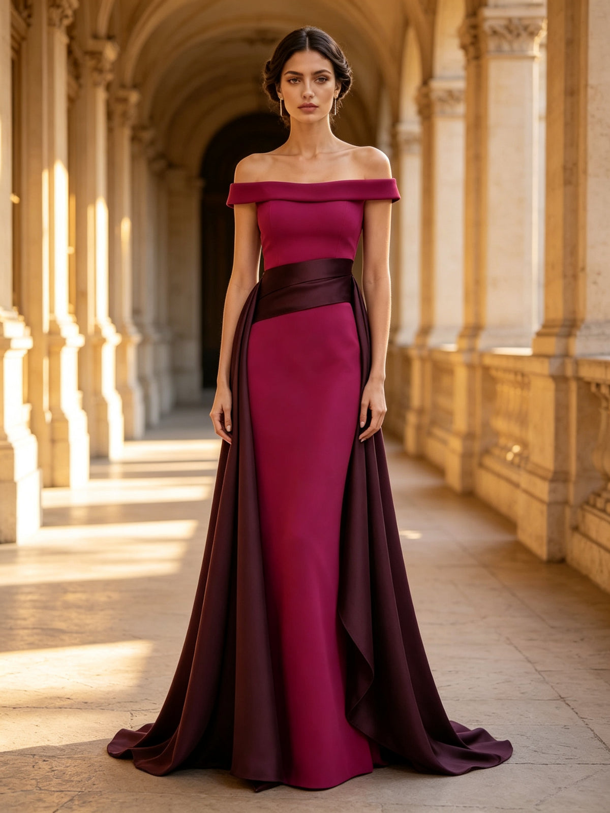 Off-the-Shoulder Two-Tone Crepe Satin Evening Gown