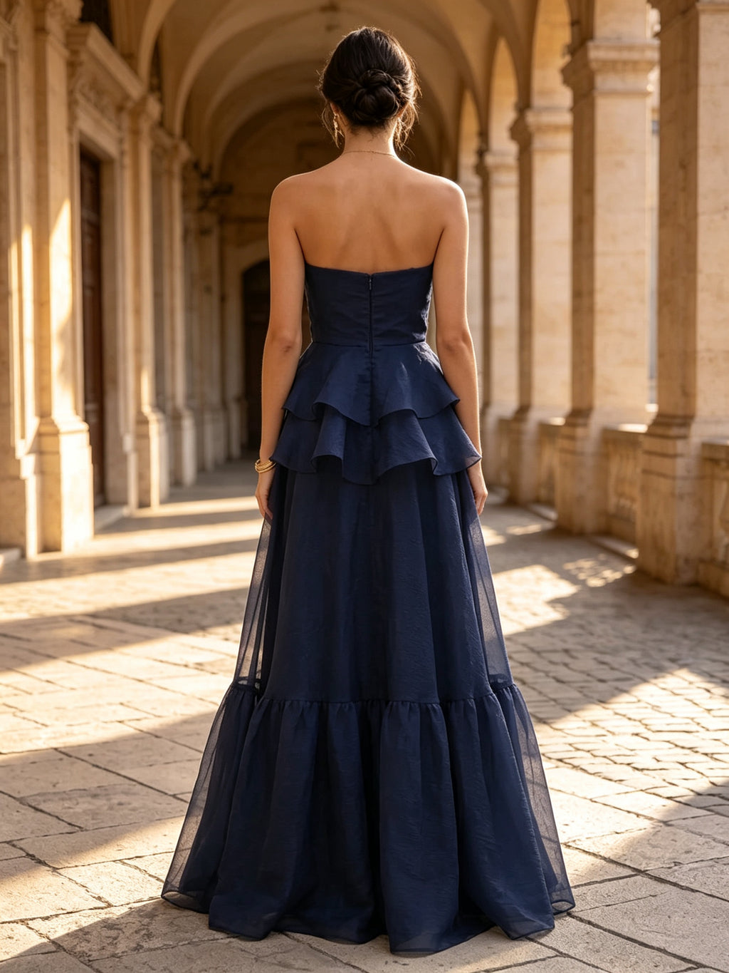 Strapless Navy Blue Organza Evening Dress 3D Rose Accent