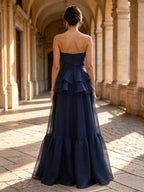 Strapless Navy Blue Organza Evening Dress 3D Rose Accent