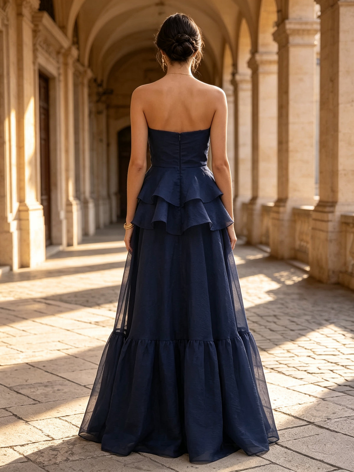 Strapless Navy Blue Organza Evening Dress 3D Rose Accent