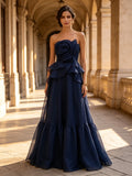 Strapless Navy Blue Organza Evening Dress 3D Rose Accent