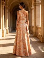 One-Shoulder Peach Gold Floral Brocade Cascading Mother of Bride Dress