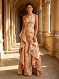 One-Shoulder Peach Gold Floral Brocade Cascading Mother of Bride Dress