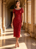 Round Neck Beaded Collar Sequin Lace Sheath Midi Dress