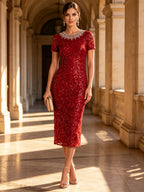 Round Neck Beaded Collar Sequin Lace Sheath Midi Dress