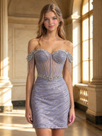 Light Blue Off-The-Shoulder Beaded Crystal Sequin Short Homecoming Dress