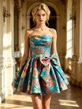 Blue Floral Jacquard Bow Lace Up A Line Short Homecoming Dress