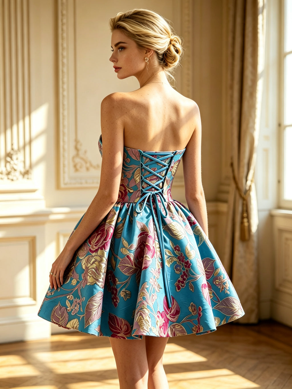Blue Floral Jacquard Bow Lace Up A Line Short Homecoming Dress