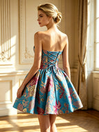 Blue Floral Jacquard Bow Lace Up A Line Short Homecoming Dress