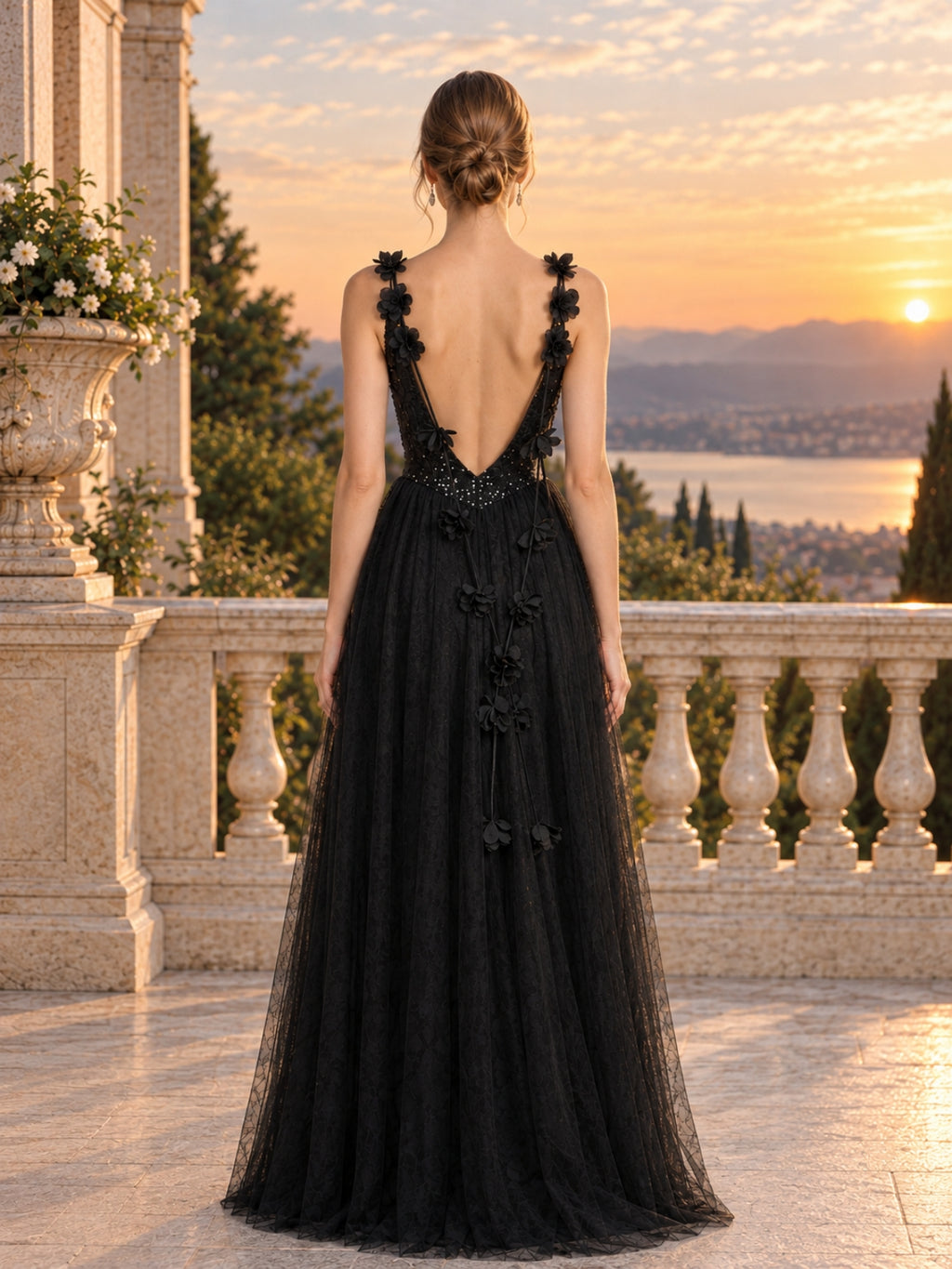 Black V Neck Sequin Tulle Slit Evening Dress