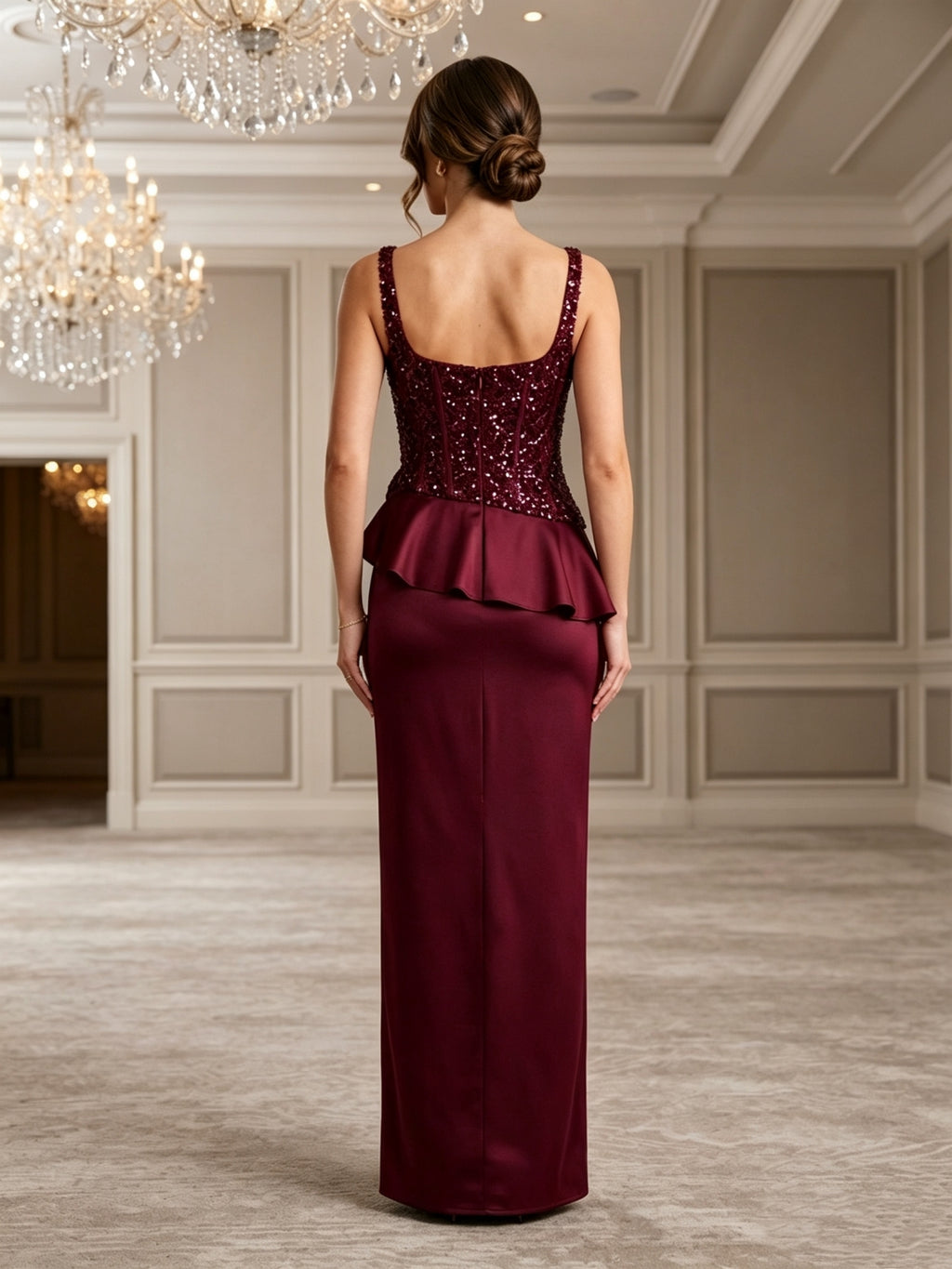 Burgundy Sequin Square Neck Peplum Evening Dress