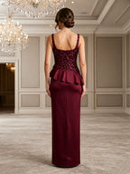 Burgundy Sequin Square Neck Peplum Evening Dress