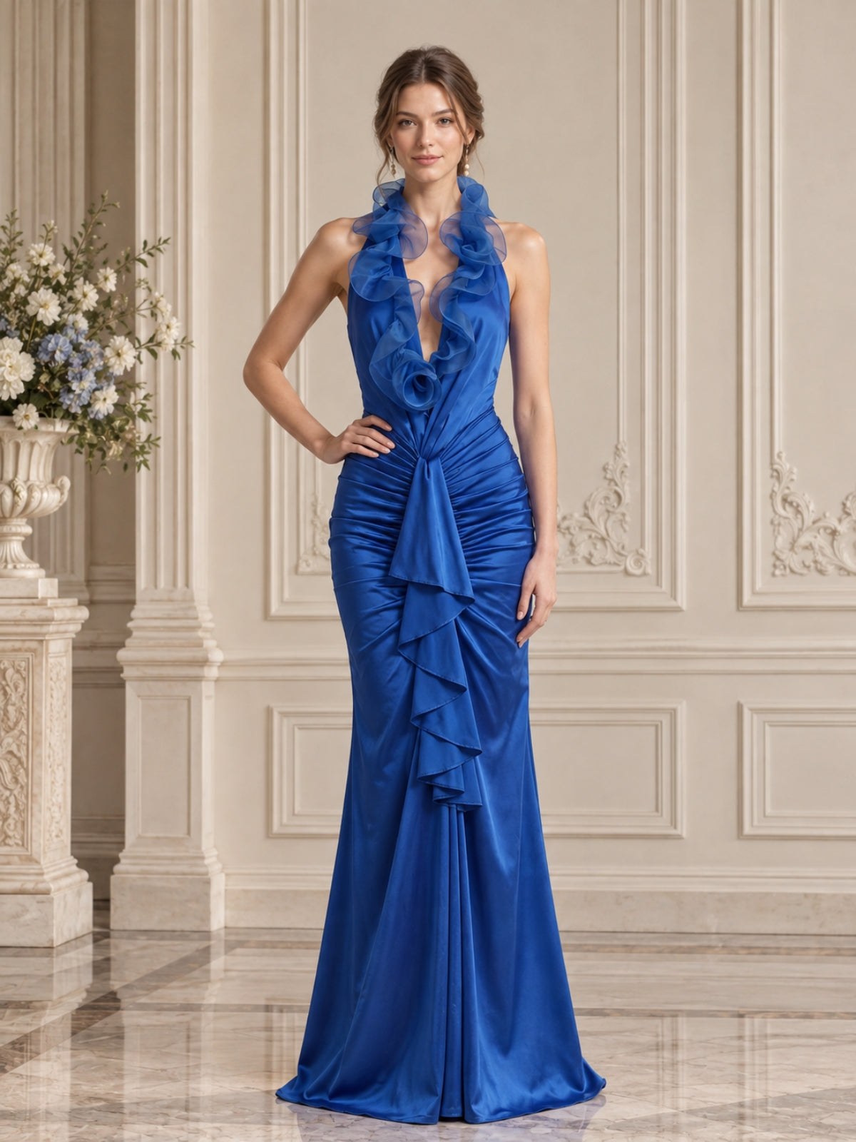 Royal Blue Halter Mermaid Slit Evening Dress