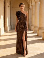 Dark Brown One-Shoulder Sequin High Slit Evening Dress