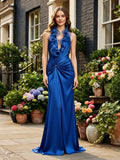 Royal Blue Halter Ruffle Plunge Slit Evening Dress