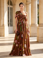 One-Shoulder Pleated Floral Print A-Line Evening Dress