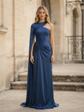 Royal Blue One-Shoulder Draped Satin Evening Dress