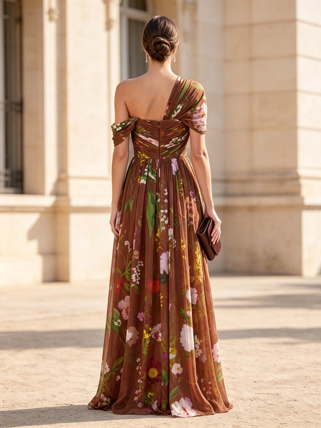 One-Shoulder Pleated Floral Print A-Line Evening Dress