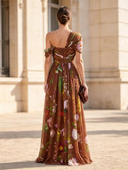 One-Shoulder Pleated Floral Print A-Line Evening Dress