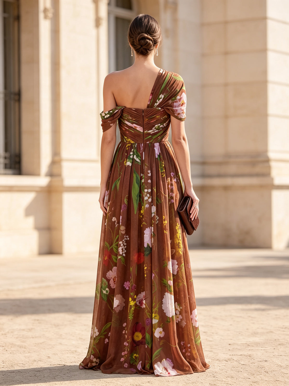 One-Shoulder Pleated Floral Print A-Line Evening Dress