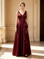 Burgundy V-Neck Beaded Satin Evening Dress with Ruffle