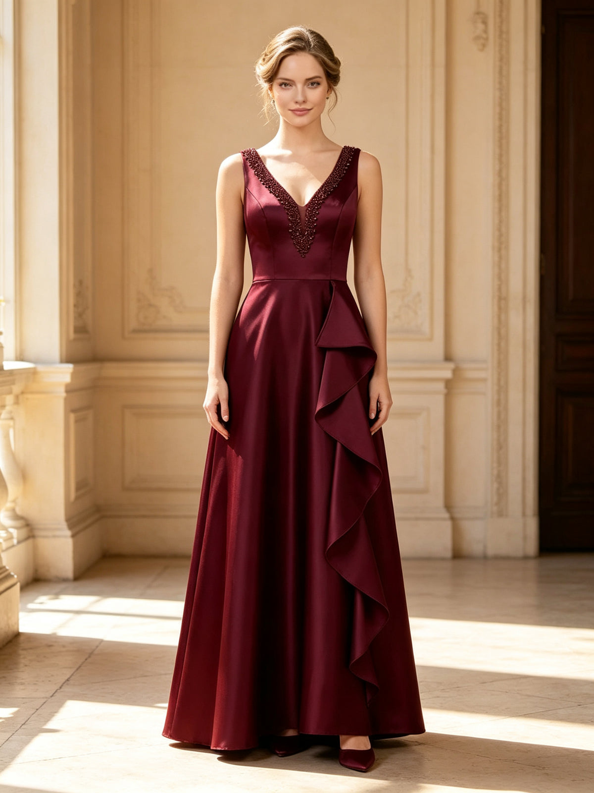 Burgundy V-Neck Beaded Satin Evening Dress with Ruffle